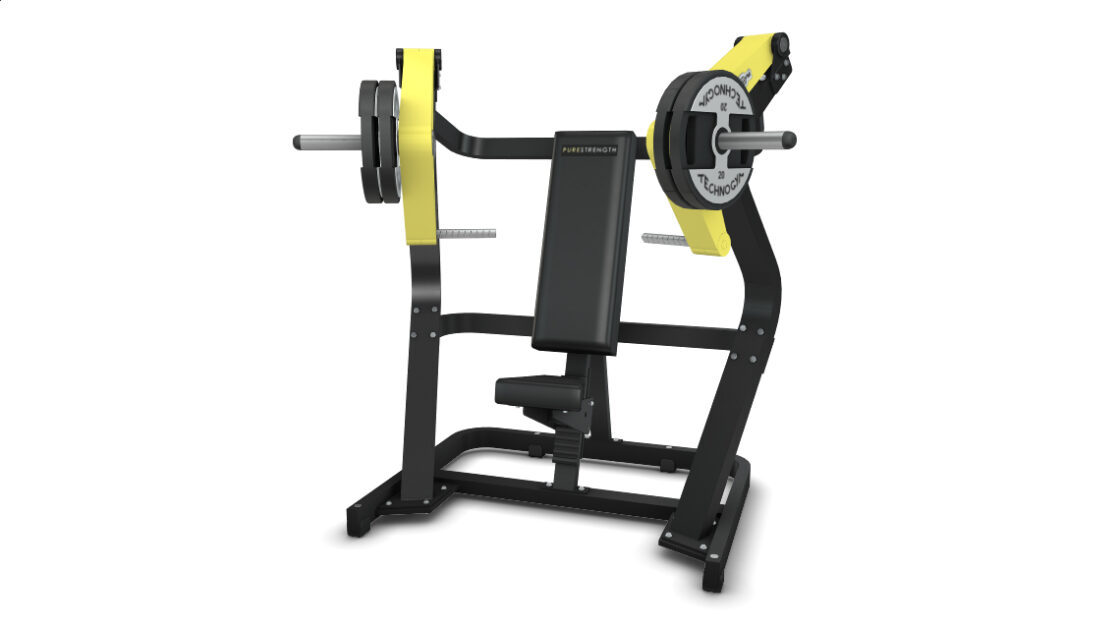 3D model of Technogym Chest Press. Black and yellow structure