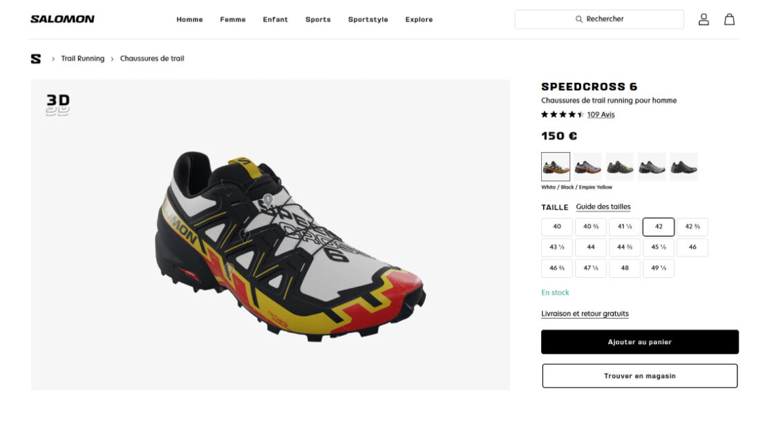 screenshot of the Salomon Speedcross6 webpage including Emersya's 3D viewer
