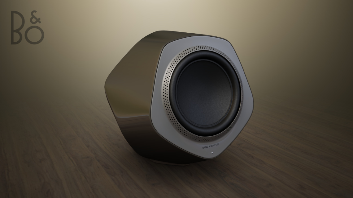 3D model of the Bang & Olufsen Lab 19 speaker. The speaker is placed in a studio with dark wooden flooring and golden hazy lighting.