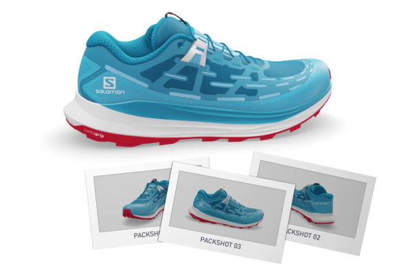 Virtual packshots of Salomon Ultra Glide model of running shoes using Emersya platform