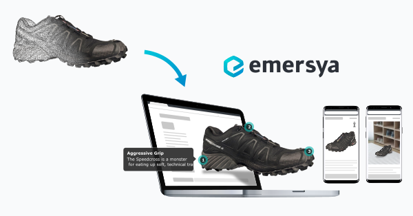 Modèle 3D de la chaussure Salomon Speed Cross. Ce modèle est utilisé sur la page web du site pour faciliter le parcours du client avec des déclencheurs pour découvrir le produit. Des annotations dynamiques fournissent des informations détaillées sur le produit.