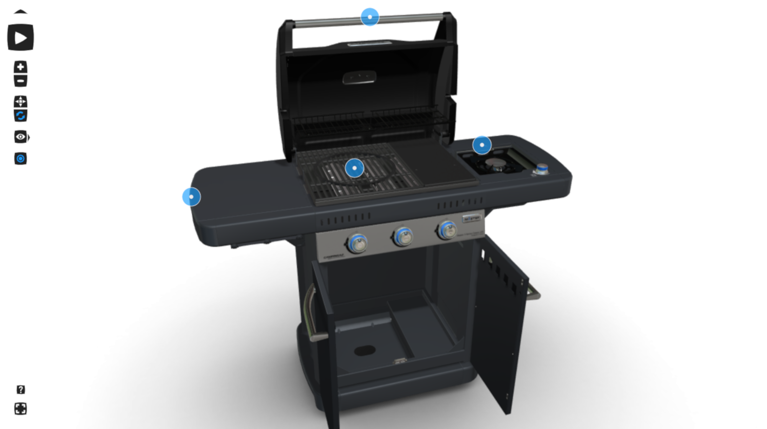 3D animation for a product discovery of a Coleman Campingaz BBQ. Use the 3D animations and triggers to discover all the features of Coleman Campingaz BBQ. For example to open the front doors and see the different functionalities.