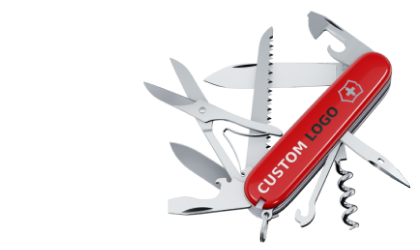 Red Victorinox Swiss Army Knife. It is presented with its 9 open blades. The top of the handle is personalised with a custom logo.