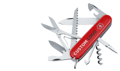 Red Victorinox Swiss Army Knife. It is presented with its 9 open blades. The top of the handle is personalised with a custom logo.