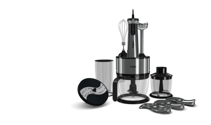 Whirlpool handblender with all its options around that are 6 robot blades and two containers. Emersya Homepage