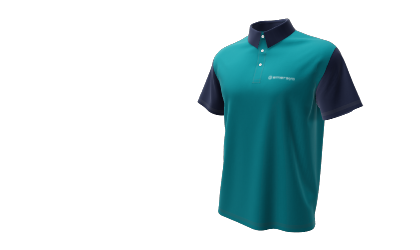 Personalised polo shirt with blue collar and sleeves and green body. A logo has been place on the right side