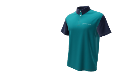 Personalised polo shirt with blue collar and sleeves and green body. A logo has been place on the right side