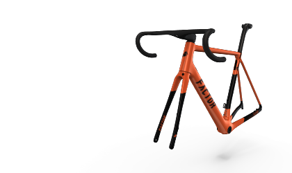 Factor bicycle. The main color is orange, the handlebars and the fork are black.