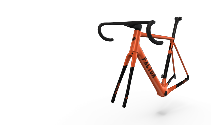 Factor bicycle. The main color is orange, the handlebars and the fork are black.