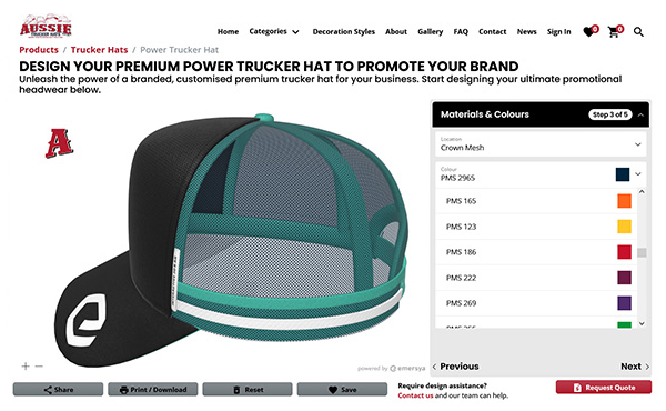 Aussie Trucker hat Colours and Materials screenshot Page web du configurateur de chapeaux de camion du site de la marque australienne développée avec la technologie Emersya.