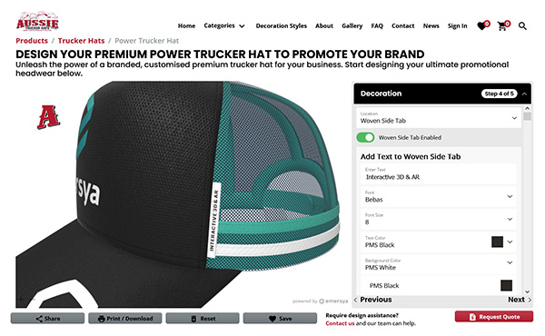 Aussie Trucker Hats brand website presenting customization using Emersya 3D platform. Here the customer is adding a text to woven side tab