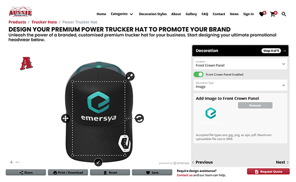 Aussie Trucker Hats brand website presenting customization using Emersya 3D platform. Here the customer is adding an image to the front crown panel