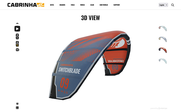 Kites Cabrinha webpage presenting 5 different variants of a kitesurf sail in interactive 3D using Emersya platform