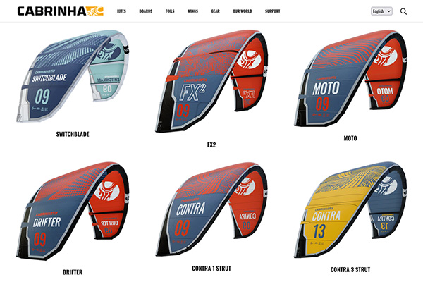 Cabrinha webpage presenting 6 different kitesurf sails in interactive 3D using Emersya platform