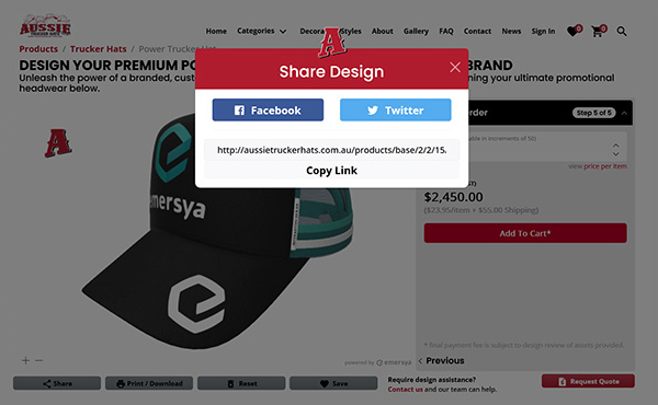 Aussie Trucker Hats brand website presenting customization using Emersya 3D platform. Here the customer is sharing the cap he has just designed