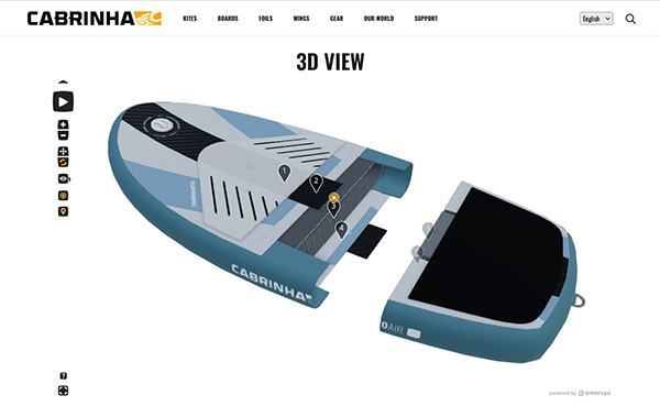 Cabrinha webpage presenting a kite board in interactive 3D using Emersya platform