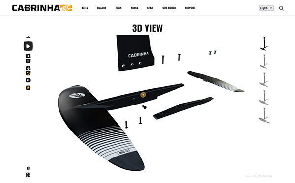 Cabrinha webpage presenting 5 different variants of a HydroFoil wing Series in interactive 3D using Emersya platform