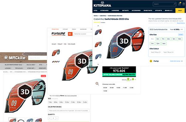 Cabrinha webpage presenting 5 different variants of a kitesurf sail in interactive 3D using Emersya platform. This customer experience is shared on different reseller websites