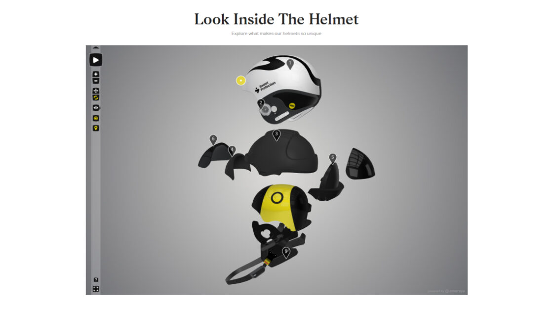 Screenshot of the Sweet Protection website showcasing an animated exploded view of the Volata MIPS helmet. User clicks on the hotspot to trigger the exploded view and discover how the different parts of the helmet are put together. Annotations give more insight on the different product parts and how they are assembled.