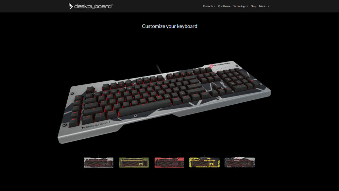 Screenshot of the Das Keyboard Gaming keyboard 40X webpage including Emersya's 3D viewer. Customers can vizualise and choose between the different colorways available.