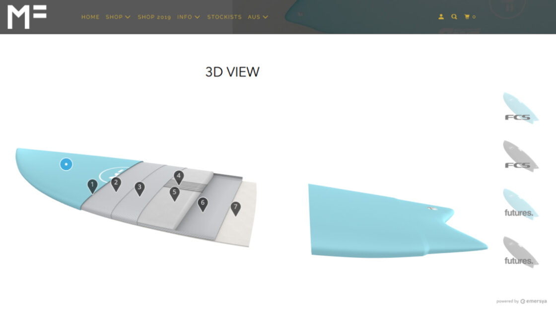 Screenshot of DHD Mick Fanning twin softboards web page. Page contains an Emersya Interactive 3D viewer showing a preview of a Mick Fanning softboard with the different composite layers.