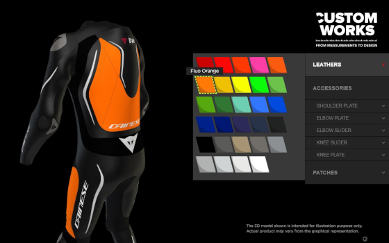 Screenshot of the Dainese Custom Works webpage showing the result of a configuration of a motorbike suit with the Dainese Rossi configurator. The customer can make his choice for each part among a lot of leathers, accessories and patches. The price and 3D view is updated in real time on the webpage.