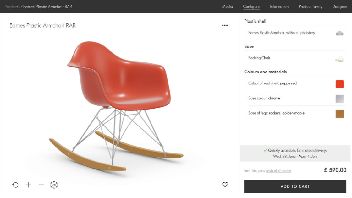 Screenshot of an Eames RAR plastic armchair on Vitra's website including Emersya's 3D configurator. The rocking chair base is made of maple wood and metal. The color of the plastic chair seat is orange. The 3D model is on the left and configuration options on the right.