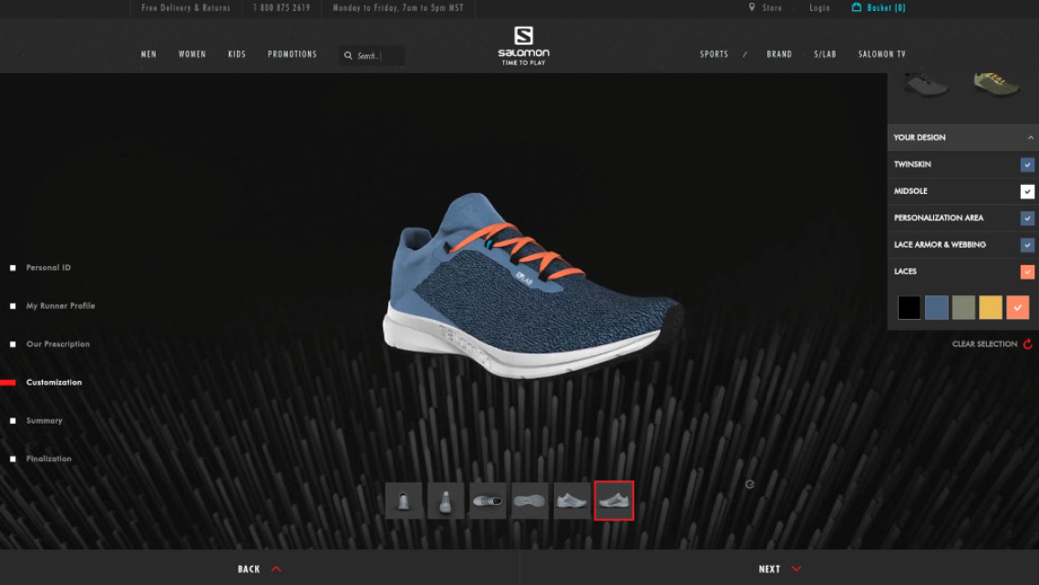 Screenshot of the Salomon Slab Mesh trail shoe webpage including Emersya's 3D customizer. Customer can click on the different parts of the 3D model to preview and explore all the available colors and options. Custom text can also be applied to create an unique personalized shoe.