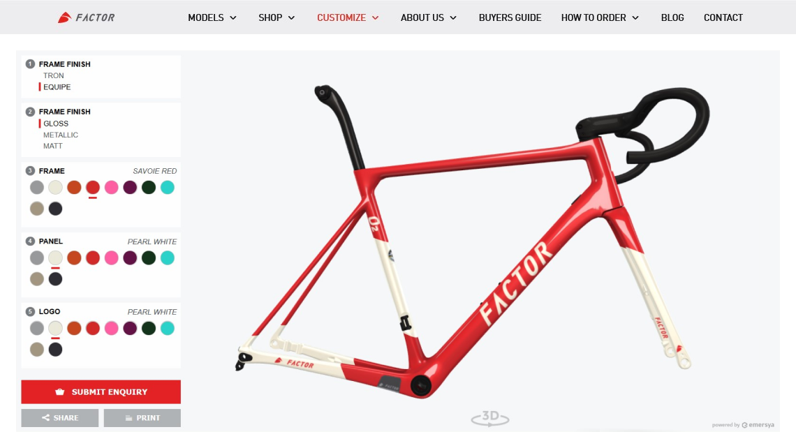Screenshot of the Factor's PRISMA STUDIO webpage which offers the possibility to choose different artwork, finishes and paint colors to build a unique bike frameset, all in interactive 3D. The preview of the customizable areas appears in real time.