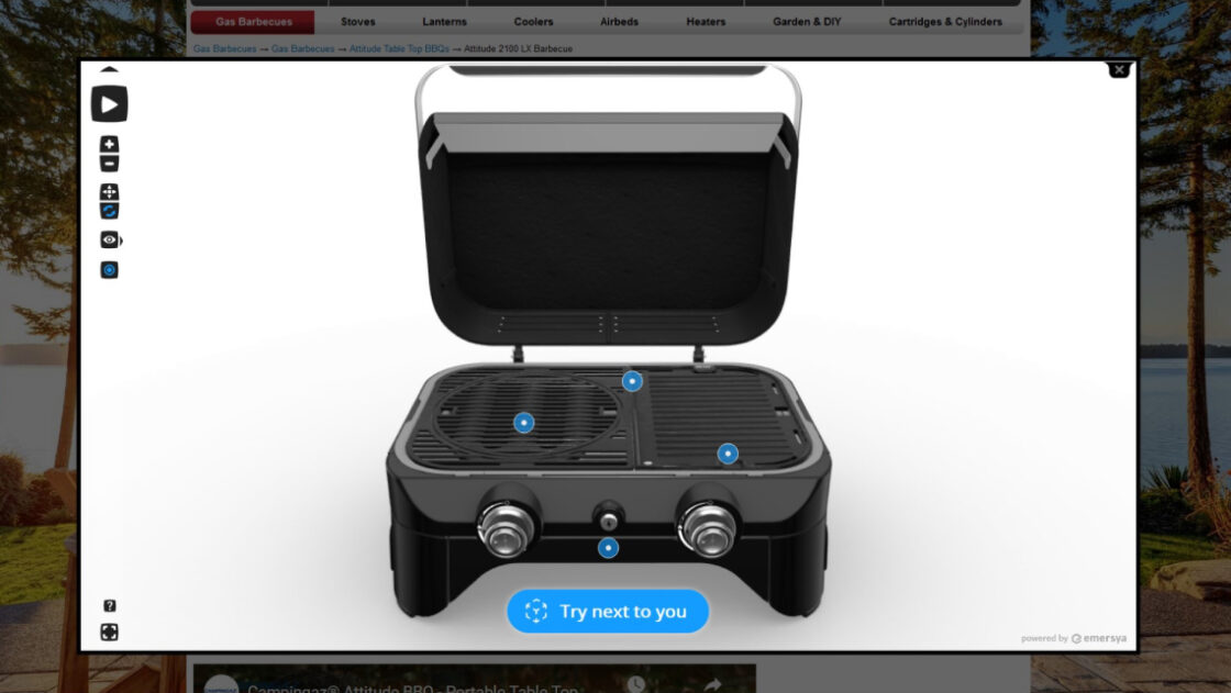 Screenshot of the Campingaz website including Emersya's 3D viewer of the Attitude Tabletop barbecue.