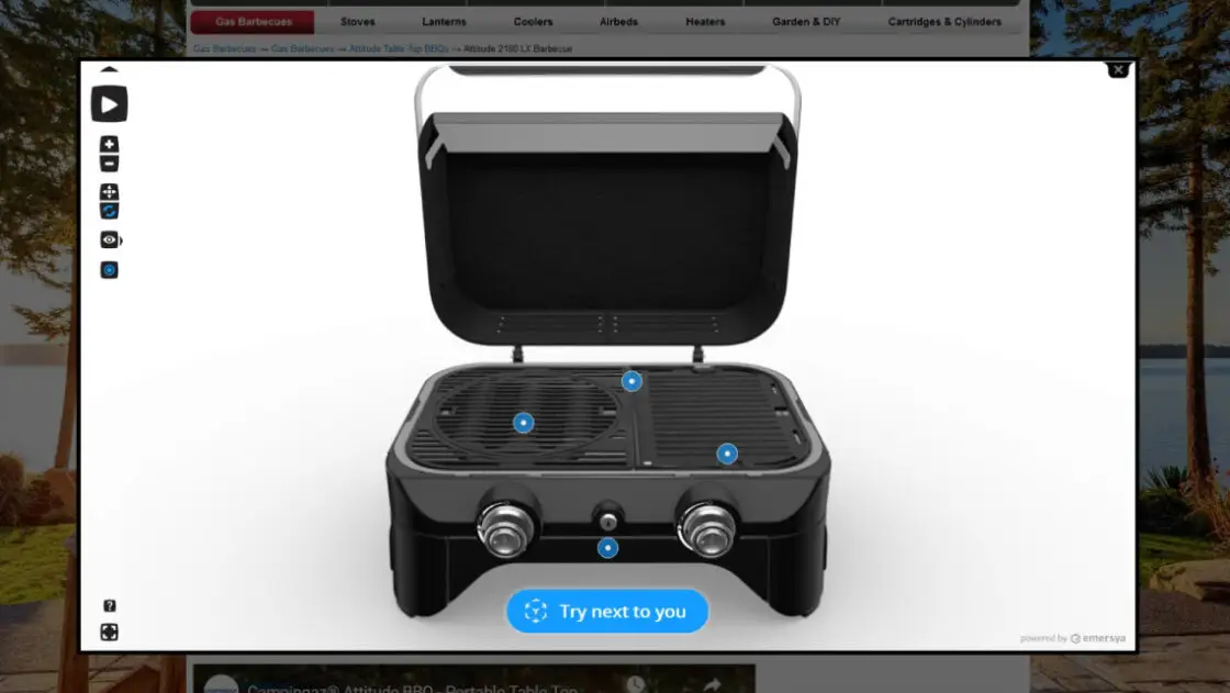 Screenshot of the Campingaz website including Emersya's 3D viewer of the Attitude Tabletop barbecue.