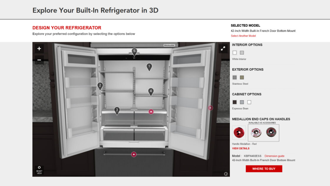 Webpage of KitchenAid presenting the built-in refrigerator with triggered 3D animations and annotations allowing to discover the product as in-store. Each hotspot triggers a different animation : open and close the fridge doors, open and close the freezer drawer. Numered hotspots give more detailed information about specific product parts. The webpage also presents the different options online shoppers can choose from to create their custom built-in refrigerator. Regrigerator has its doors opened.