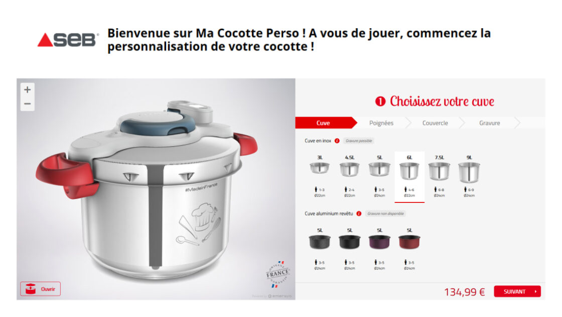 Screenshot of the Seb Clipso pressure cooker customizer French webpage including Emersya's 3D customizer. Online customers can choose from different sizes, coating finishes and options before proceeding to the payment cart. It's also possible to add custom engravings.