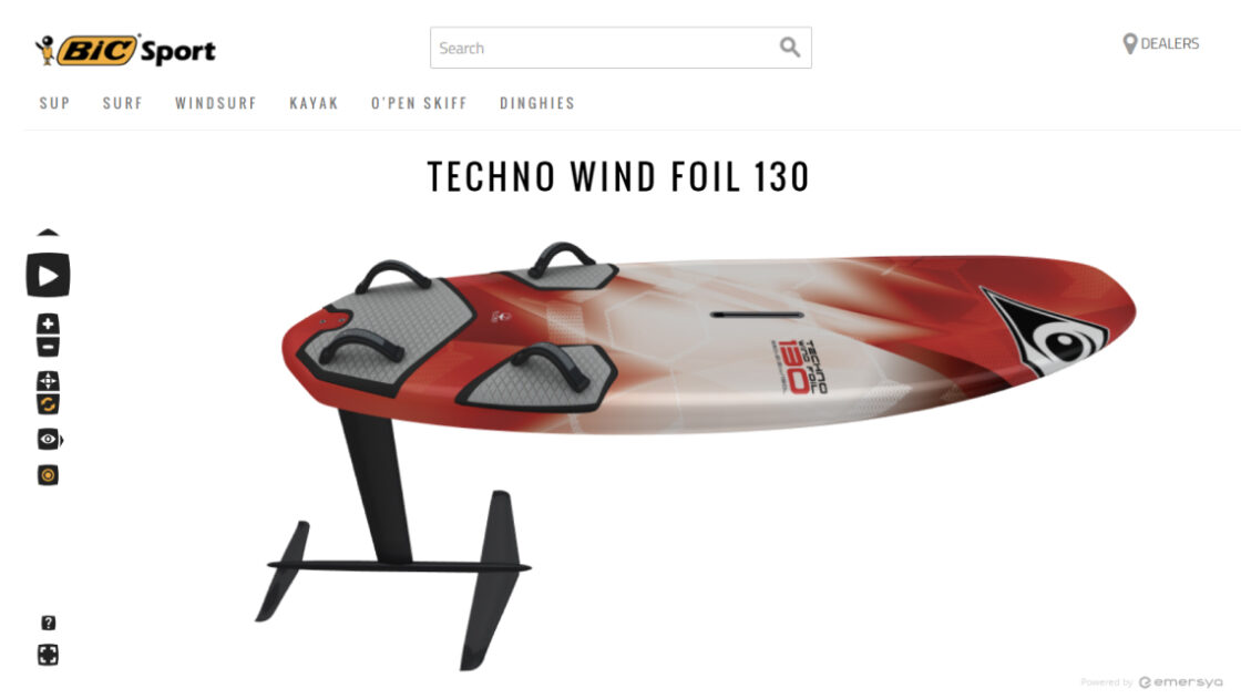Screenshot of the BIC Sports website showing an Interactive 3D view of the Techno Wind Foil.