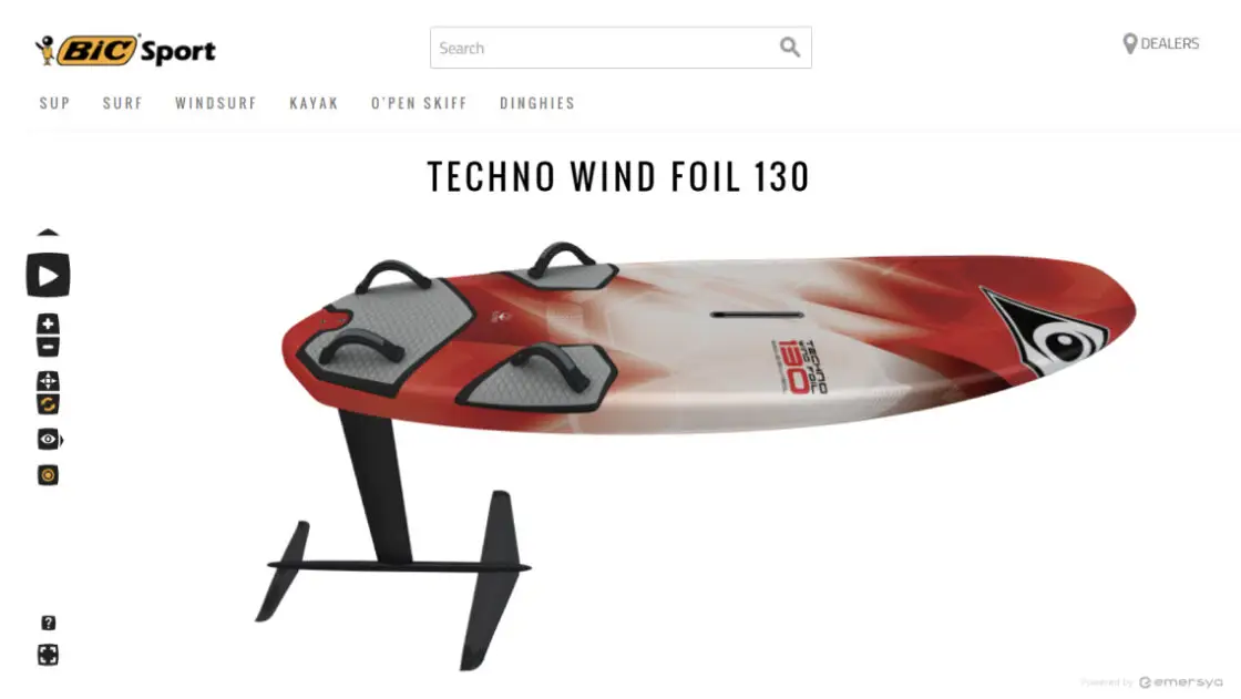 Screenshot of the BIC Sports website showing an Interactive 3D view of the Techno Wind Foil.