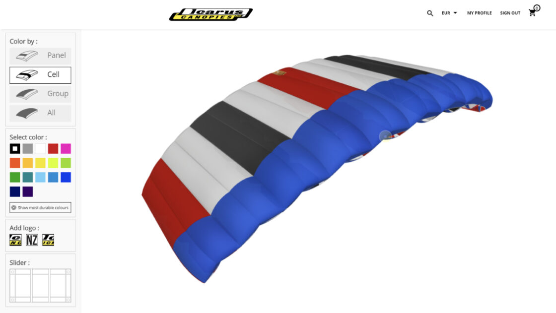Screenshot of the Jyro Canopy crossfire 3 customizer webpage. Online customers can select and apply different colours onto individual panels, cells or blocks of each side of their parachute canopy to create their own unique design. The experience includes an exploded view so the customer can see the colors applied to the internal structure of the canopy.