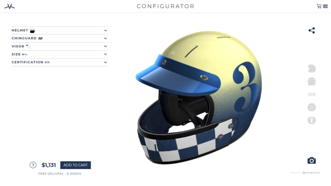 Screenshot of the Veldt Retro Helmet customizer webpage. Online customers can customize every part of the product and preview all the different designs, colors, logos and accessory options on the fly.