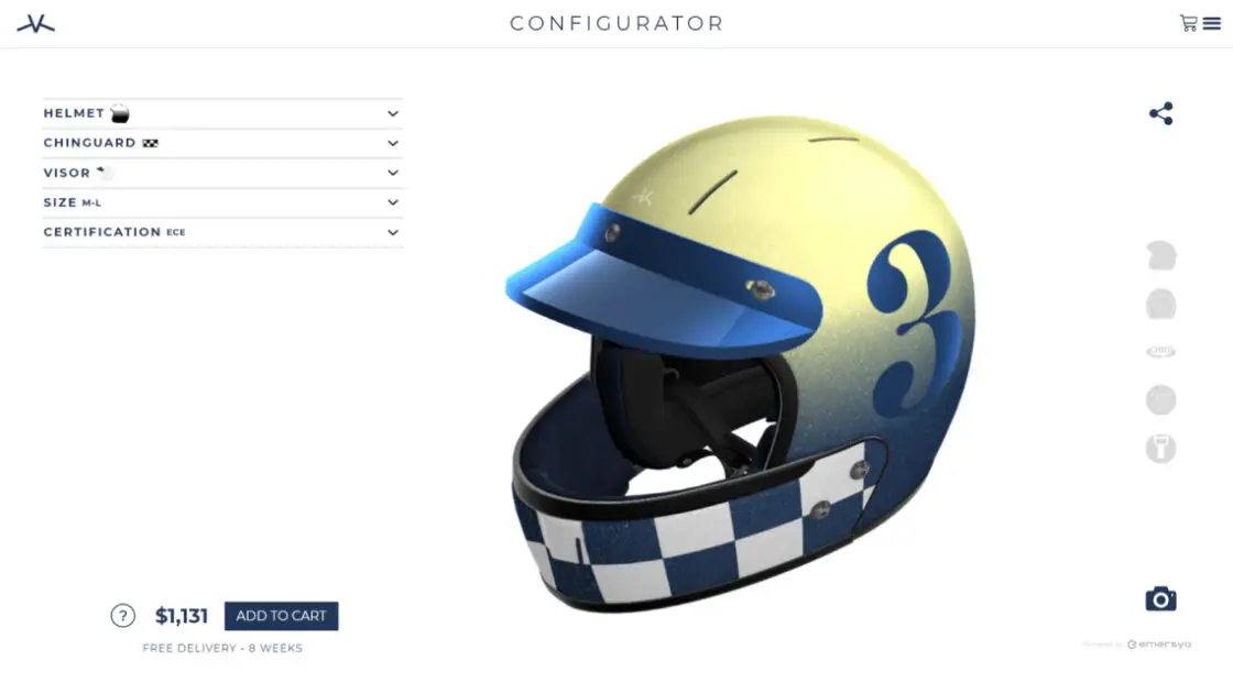Screenshot of the Veldt Retro Helmet customizer webpage. Online customers can customize every part of the product and preview all the different designs, colors, logos and accessory options on the fly.