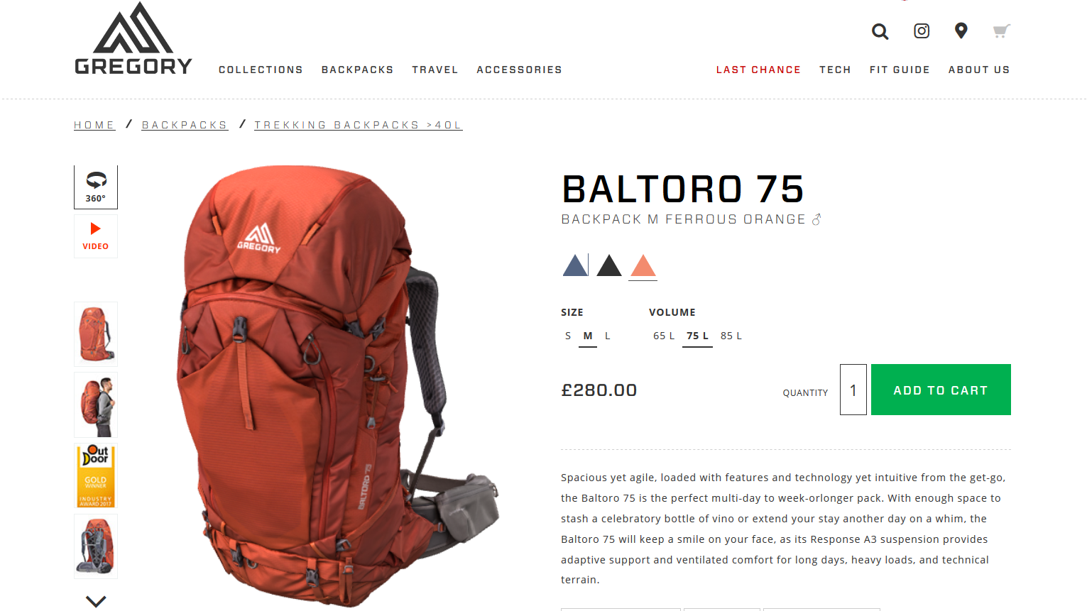 Gregory webpage presenting the Baltoro 75 backpack in interactive 3D using the Emersya platform. Use the 3D animations and triggers to discover all the features of this backpack