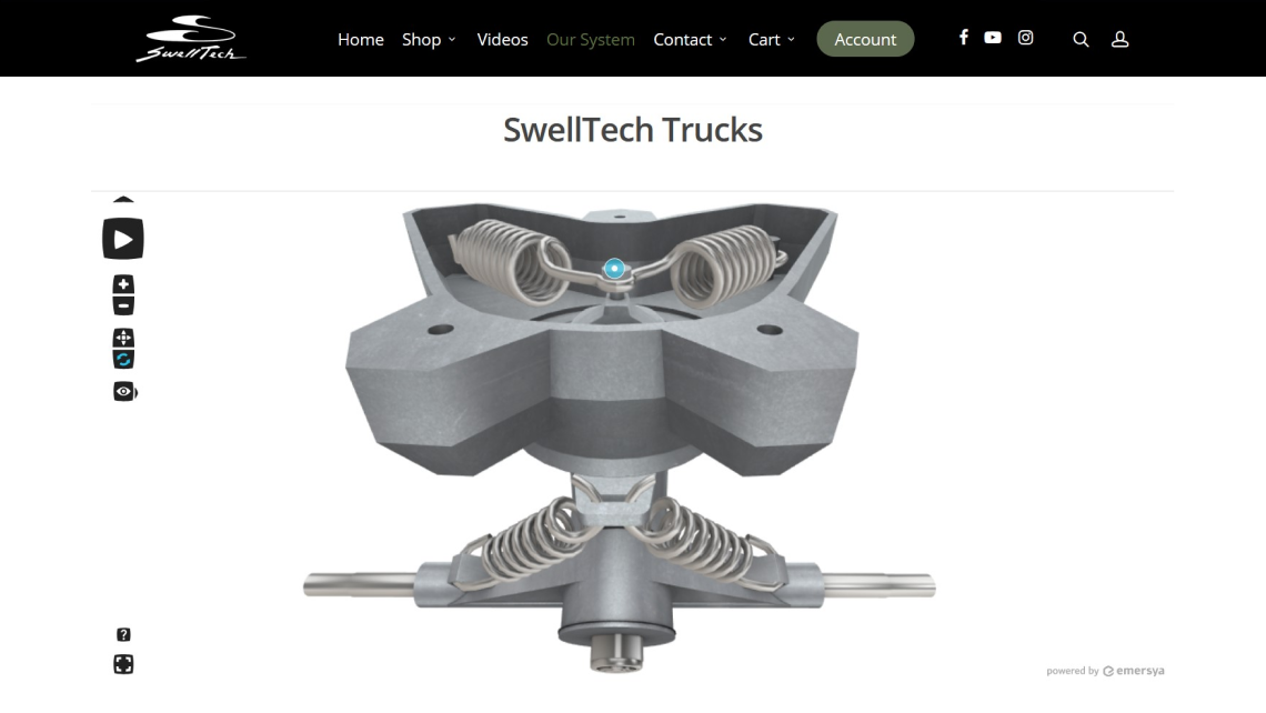 Screenshot of the Surfskate SwellTech Trucks webpage where Emersya's 3D technology uses triggered animations to demonstrate the innovative truck design.