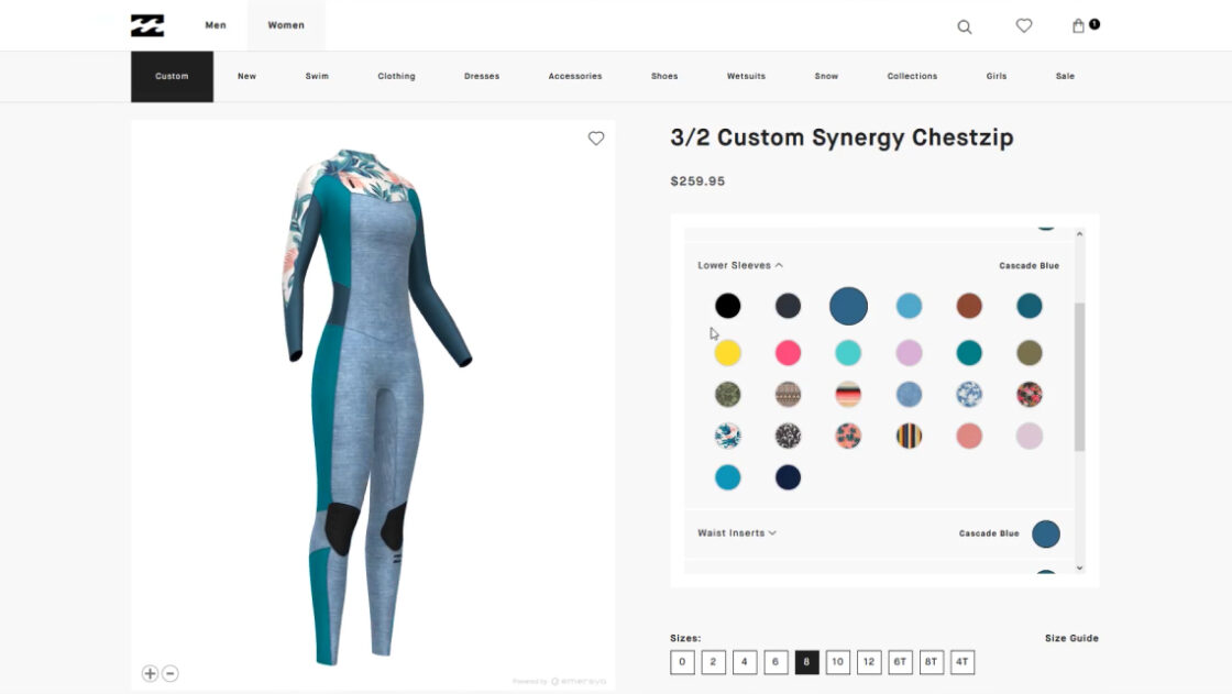 Screenshot of the Billabong webpage dedicated to the customisation of the wetsuits Synergy Chestzip with Emersya technology. To create your own and unique wetsuit, you can choose your size, change the colors or graphics of each part : front & back panels, under arms, lower sleeves, waist inserts.