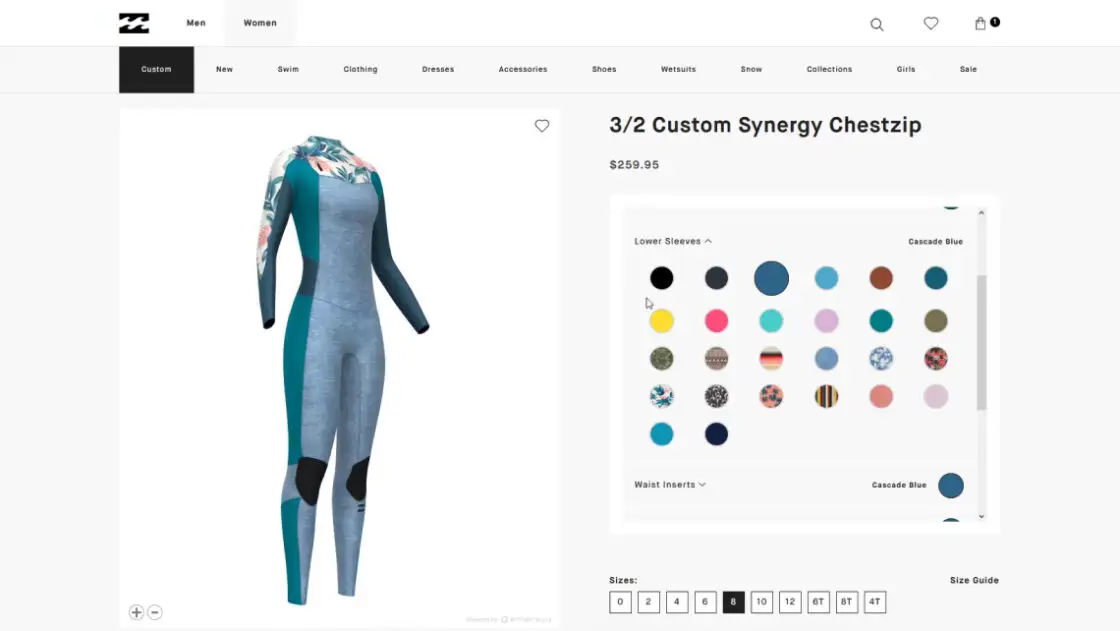 Screenshot of the Billabong webpage dedicated to the customisation of the wetsuits Synergy Chestzip with Emersya technology. To create your own and unique wetsuit, you can choose your size, change the colors or graphics of each part : front & back panels, under arms, lower sleeves, waist inserts.