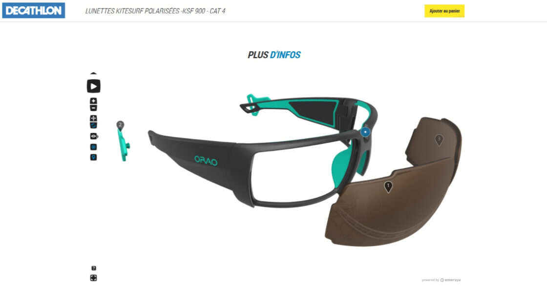 Screenshot of the Decathlon website with 3D viewer at the centre of the page showing an exploded view of the Orao KSF 900 kitesurf sunglasses.