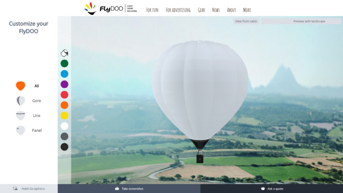 Screenshot of the Flydoo hot air balloon customizer webpage. Customers can create their own balloon choosing colors and/or applied graphics.
