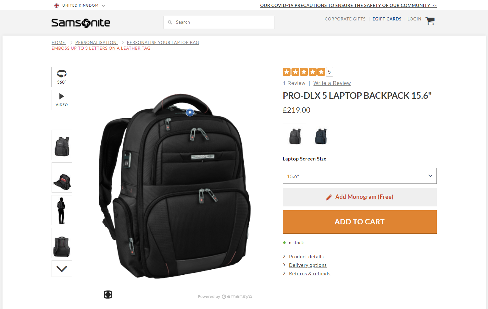 Screenshot of the Samsonite Pro DLX laptop backpack product page with an Emersya Interactive 3D viewer on the left-hand side of the page.