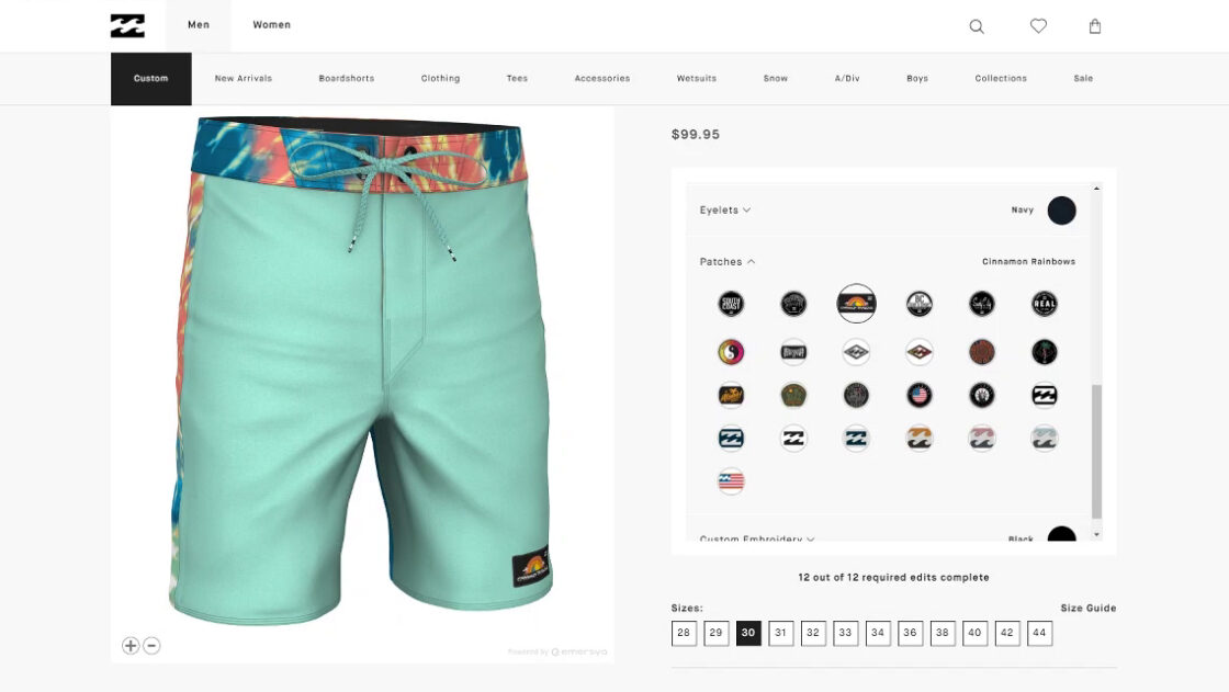 screenshot of the Billabong Tribong Pro Boardshort customizer webpage. 3D viewer on the left, options menu on the right. Patches menu opened