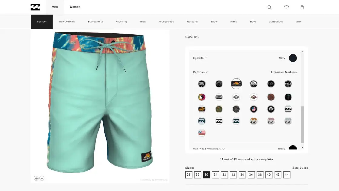 screenshot of the Billabong Tribong Pro Boardshort customizer webpage. 3D viewer on the left, options menu on the right. Patches menu opened