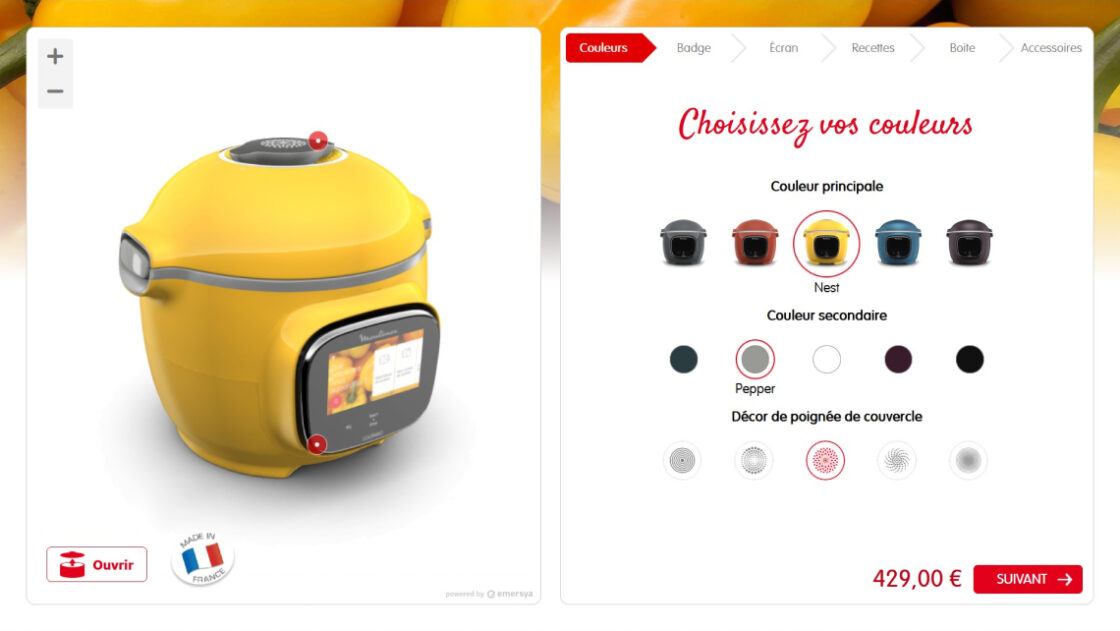 Screenshot of the Seb Moulinex Cookeo customizer French webpage including Emersya's 3D customizer. Online customers can choose from different colorways and options before proceeding to the payment cart.