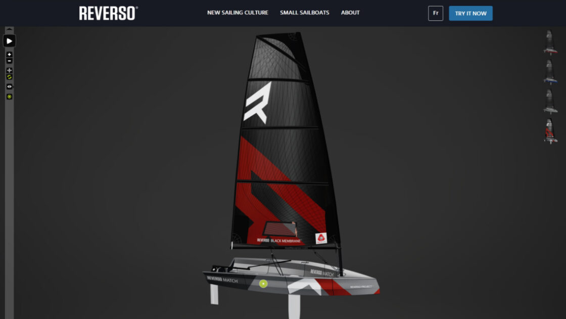 screenshot of the Reverso Air Foldable Sailing Boat webpage. 3D viewer at the center of the page with black background, colorways variants on the right. Back, red and white sailing boat.