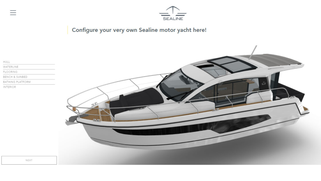 Screenshot of the Hanse Yacht Sealine Motor Yacht configurator webpage. A 3D viewer is on the center right of the screen, with a view of the left side of the boat. Options menu on the left. All this iw possible because of the use of the Emersya platform